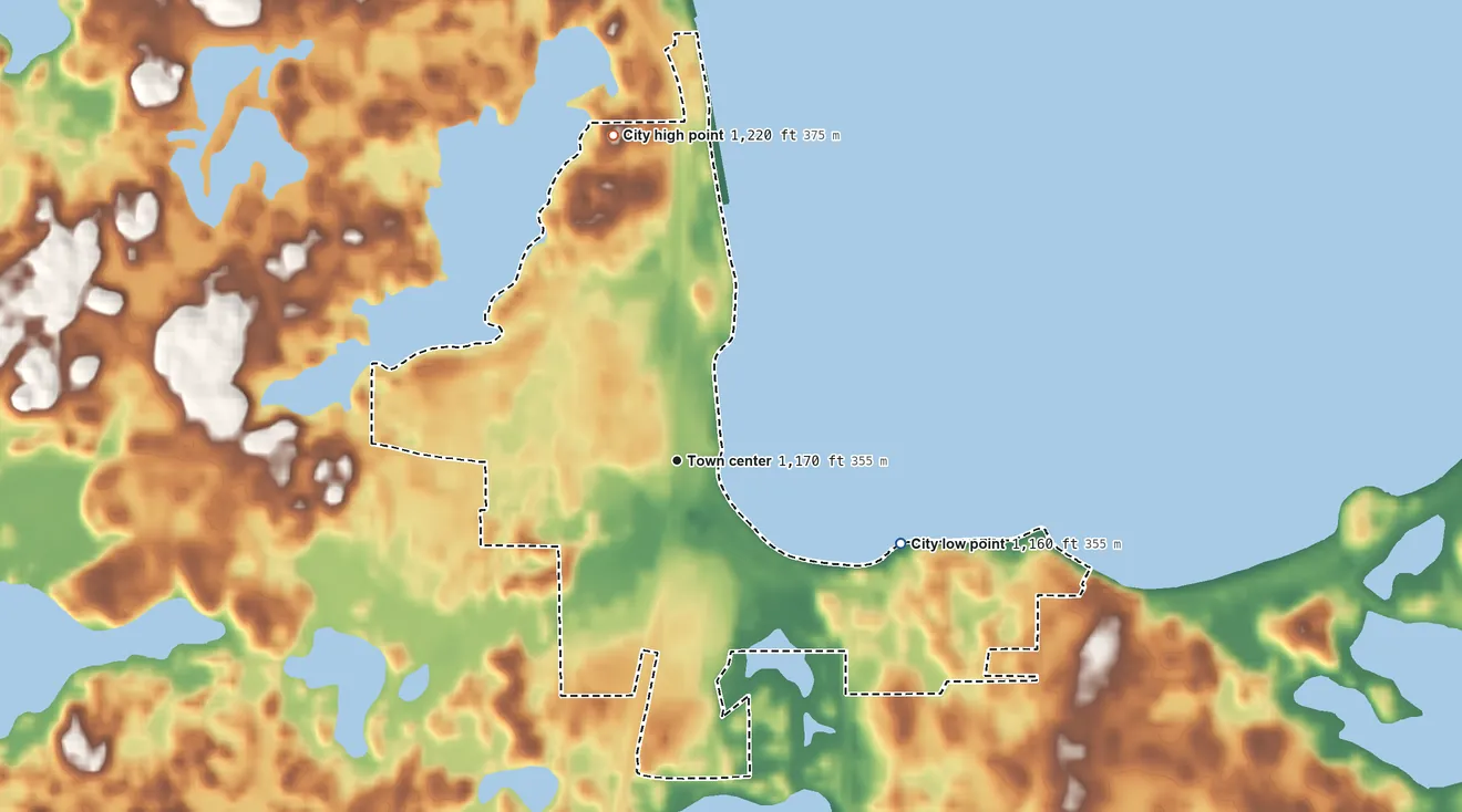 Topographic elevation map of Spicer, Minnesota, shaded from 1,160 ft on the east side to 1,220 ft on the north side