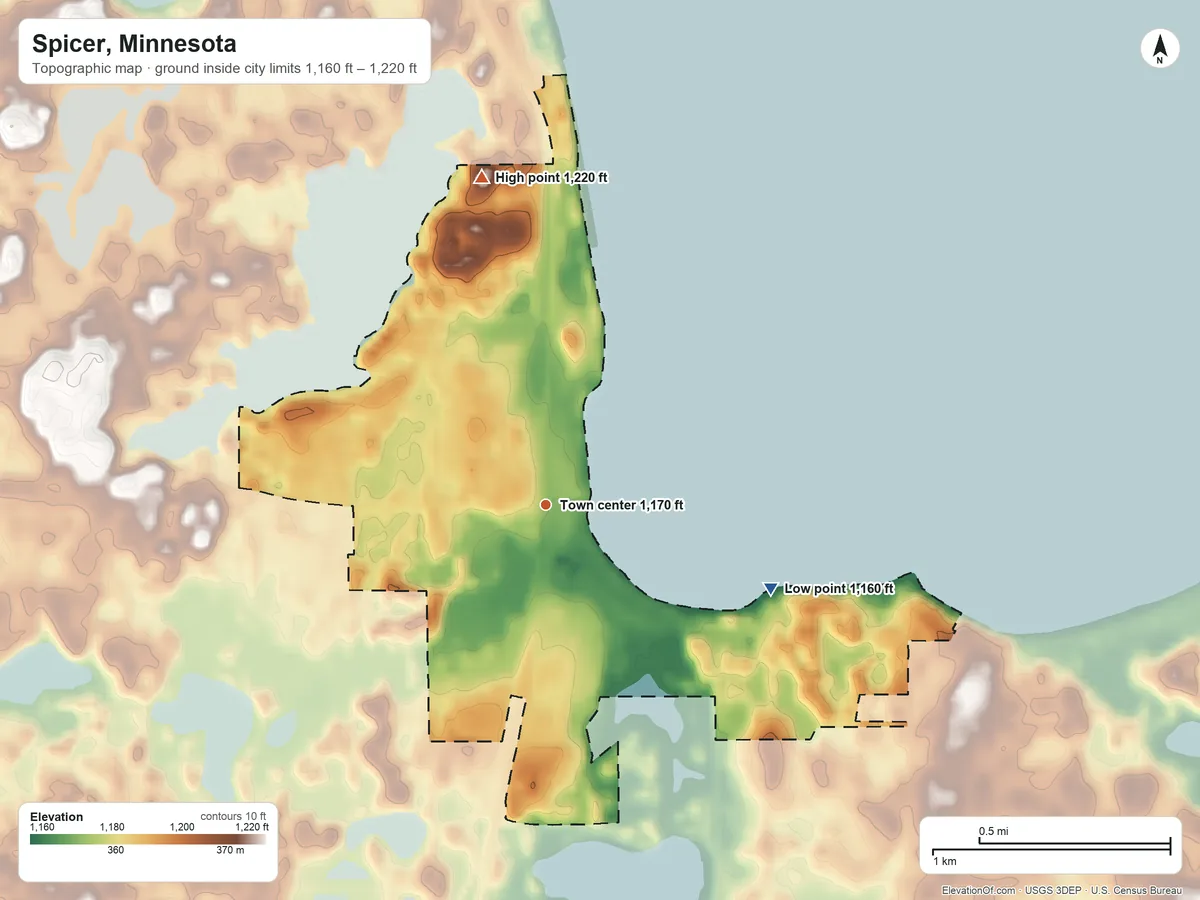Topographic elevation map of Spicer, Minnesota, shaded from 1,160 ft on the east side to 1,220 ft on the north side