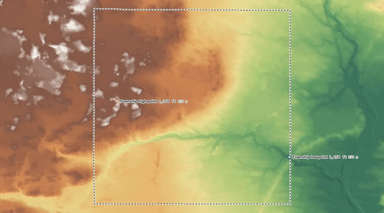 Topographic elevation map of Split Rock Township, Minnesota, shaded from 1,150 ft on the southeast side to 1,360 ft on the west side