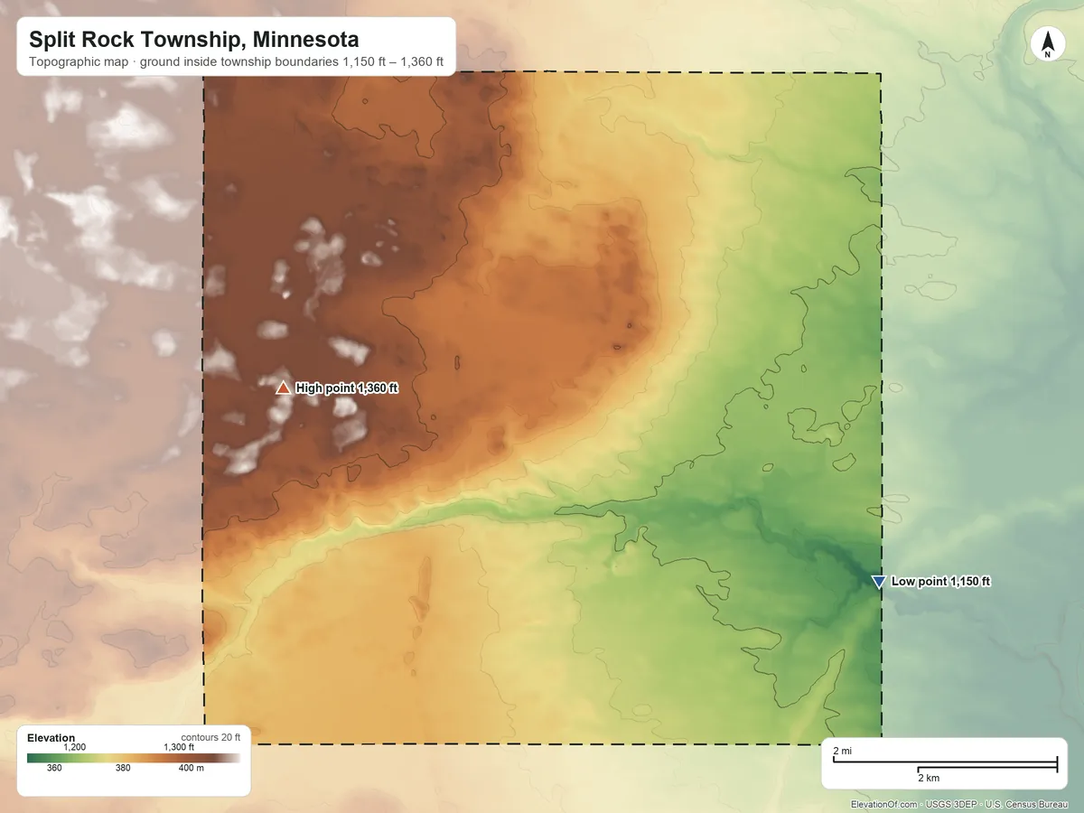 Topographic elevation map of Split Rock Township, Minnesota, shaded from 1,150 ft on the southeast side to 1,360 ft on the west side