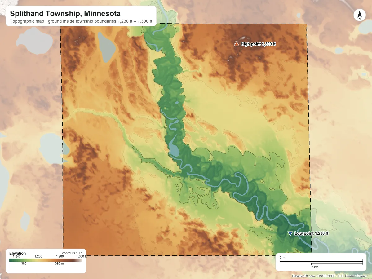 Topographic elevation map of Splithand Township, Minnesota, shaded from 1,230 ft on the southeast side to 1,300 ft on the northeast side