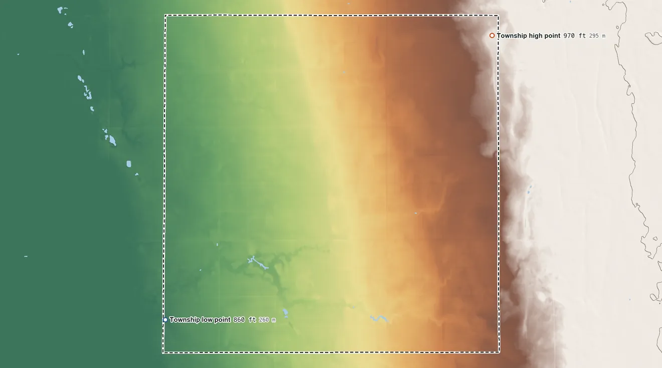 Topographic elevation map of Spring Brook Township, Minnesota, shaded from 860 ft on the west side to 970 ft on the northeast side