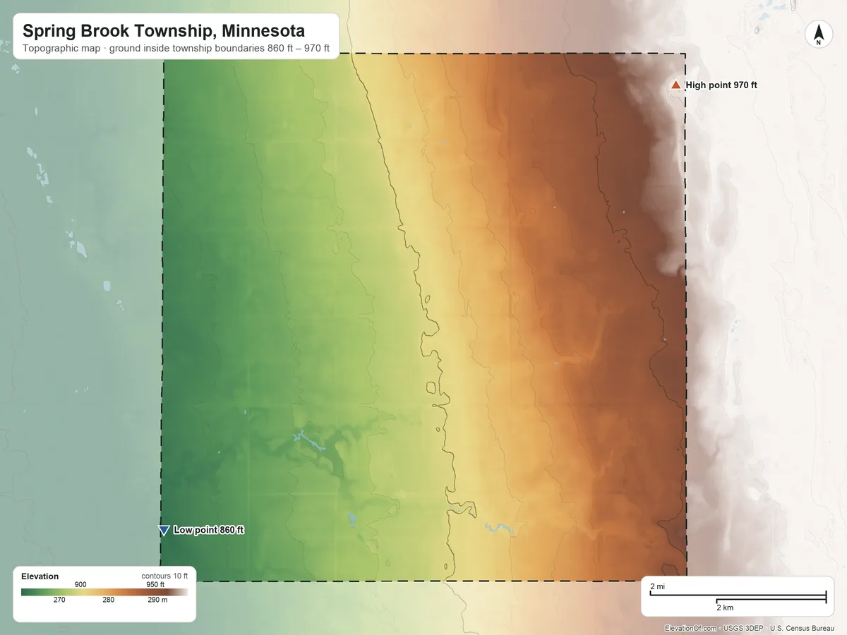 Topographic elevation map of Spring Brook Township, Minnesota, shaded from 860 ft on the west side to 970 ft on the northeast side