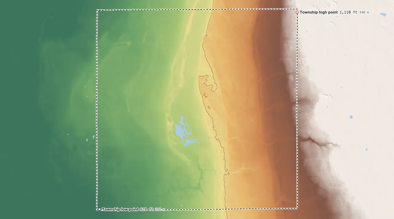 Topographic elevation map of Spring Creek Township, Norman County, Minnesota, shaded from 920 ft on the southwest side to 1,110 ft on the northeast side