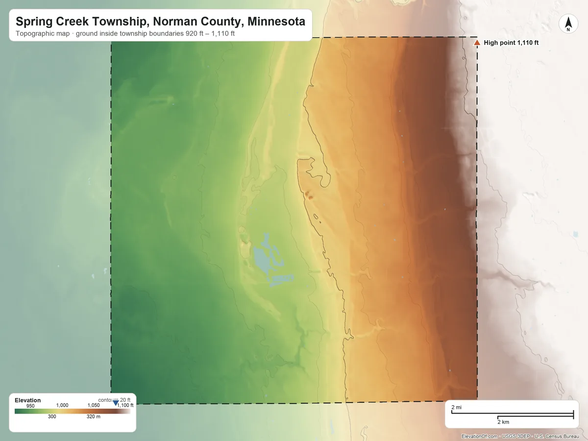 Topographic elevation map of Spring Creek Township, Norman County, Minnesota, shaded from 920 ft on the southwest side to 1,110 ft on the northeast side