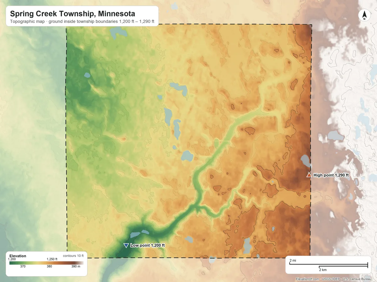 Topographic elevation map of Spring Creek Township, Minnesota, shaded from 1,200 ft on the west side to 1,290 ft on the east side