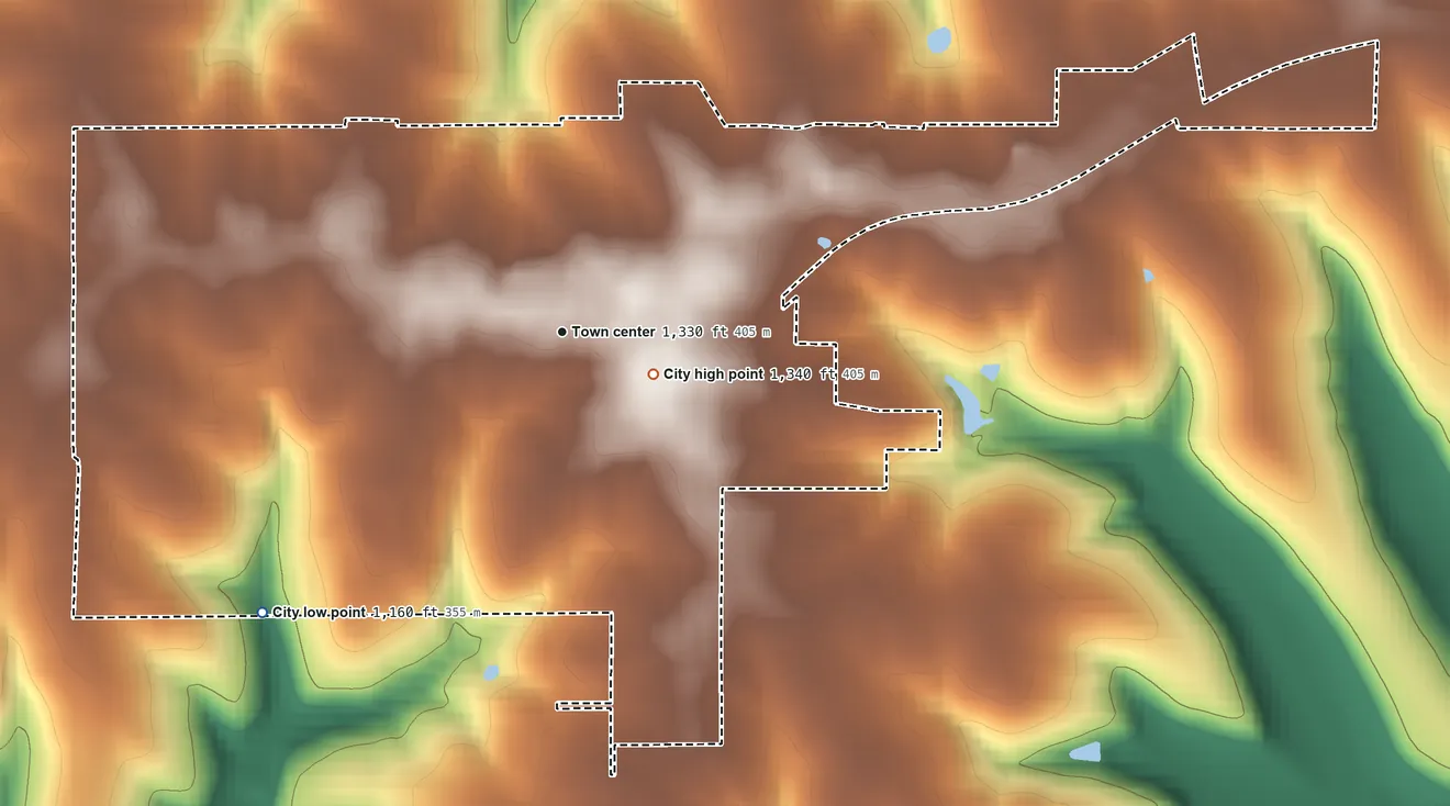 Topographic elevation map of Spring Grove, Minnesota, shaded from 1,160 ft on the southwest side to 1,340 ft near the middle