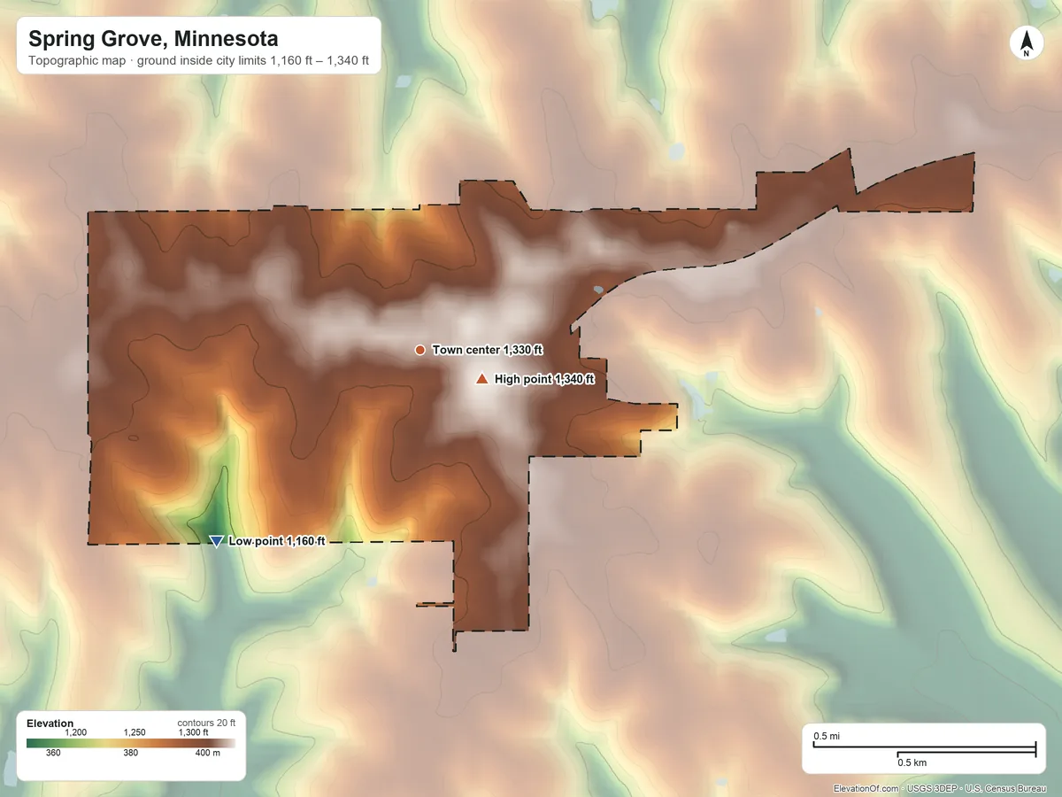 Topographic elevation map of Spring Grove, Minnesota, shaded from 1,160 ft on the southwest side to 1,340 ft near the middle