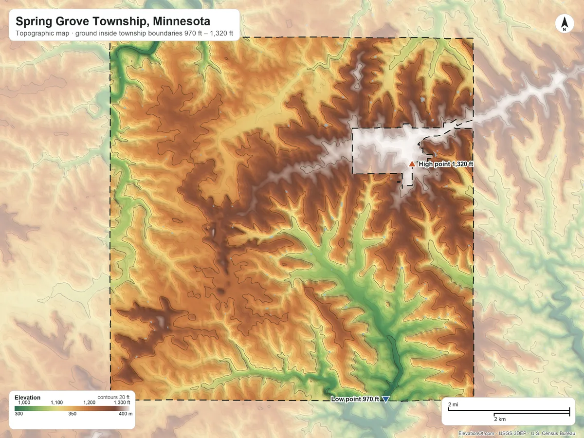 Topographic elevation map of Spring Grove Township, Minnesota, shaded from 970 ft on the south side to 1,320 ft on the northeast side
