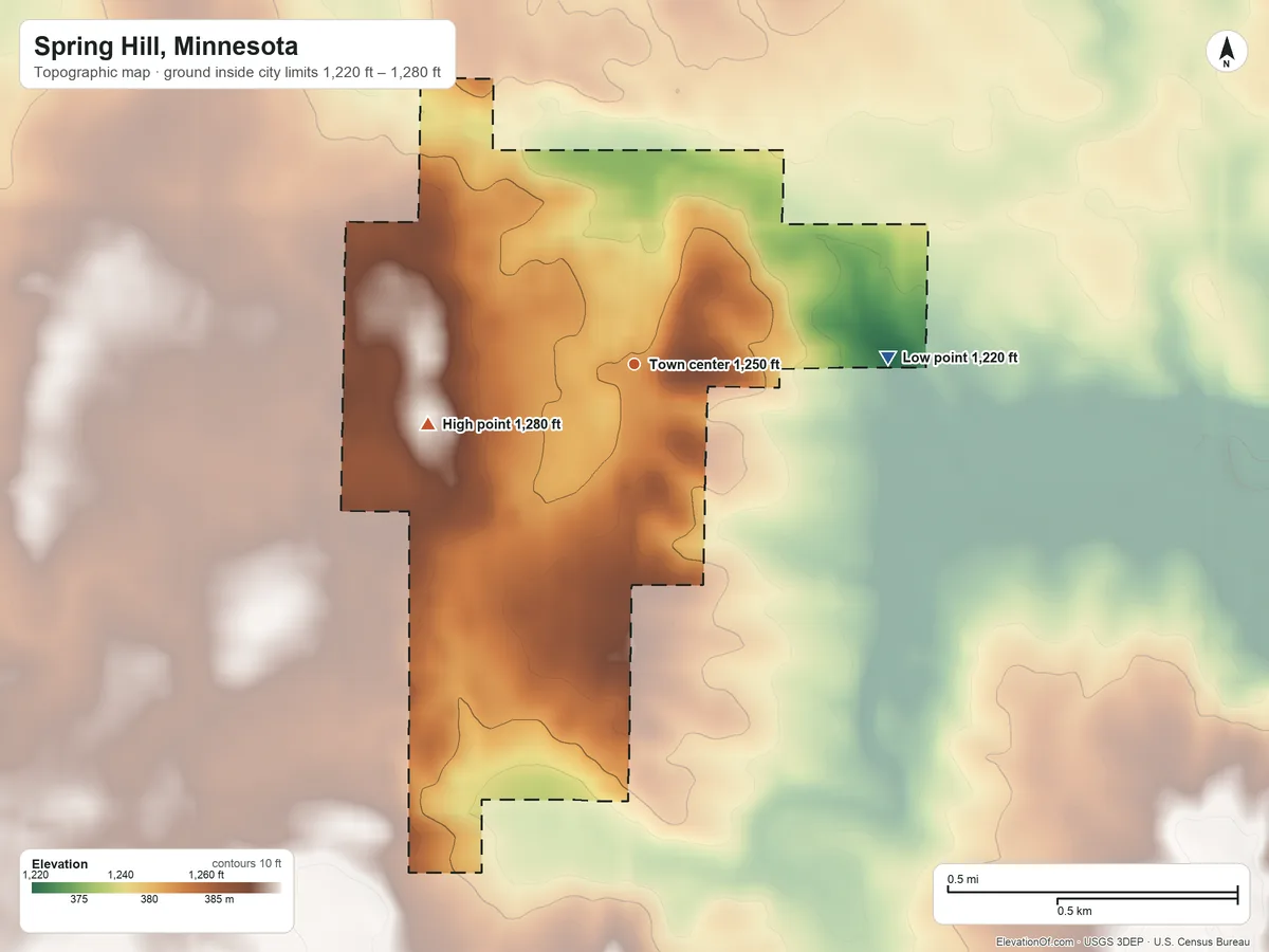 Topographic elevation map of Spring Hill, Minnesota, shaded from 1,220 ft on the east side to 1,280 ft on the west side