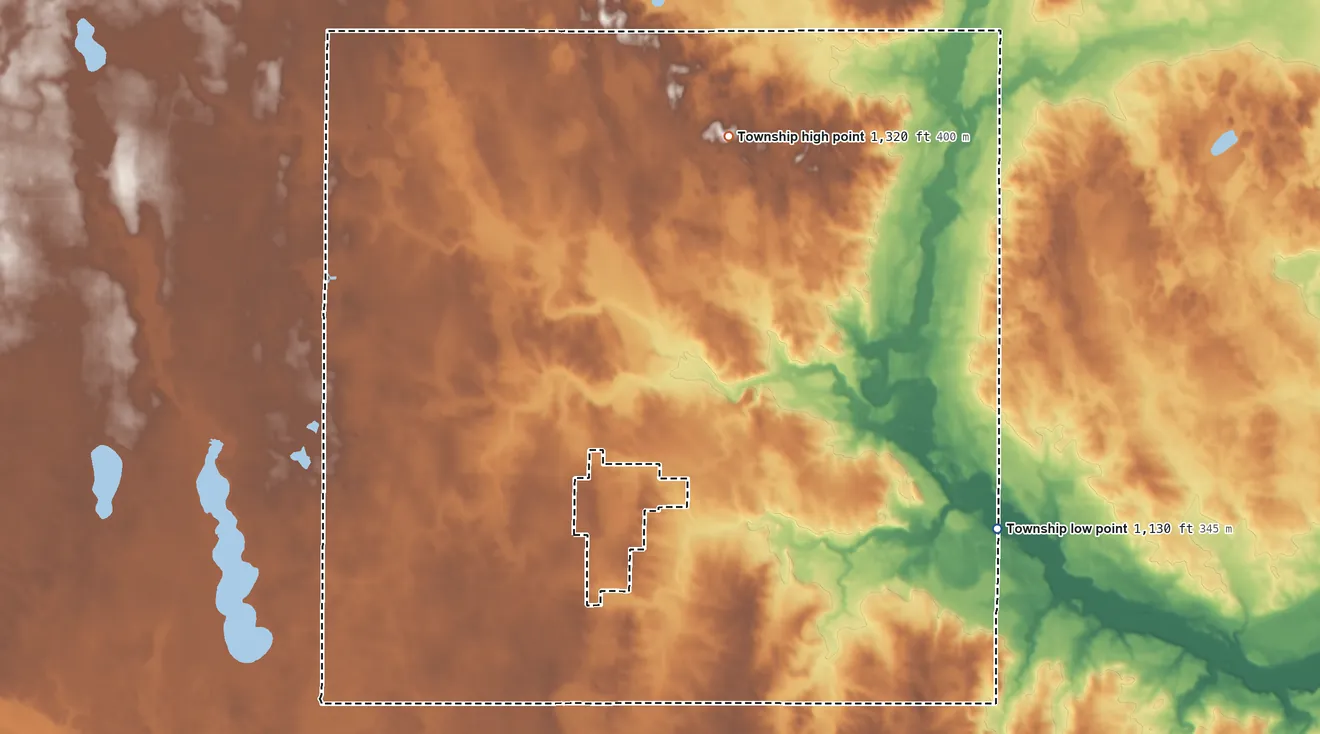 Topographic elevation map of Spring Hill Township, Minnesota, shaded from 1,130 ft on the southeast side to 1,320 ft on the north side