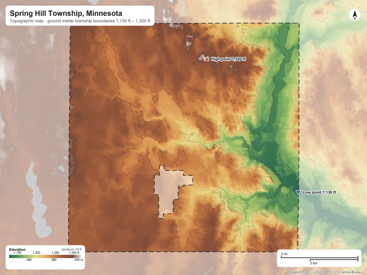Topographic elevation map of Spring Hill Township, Minnesota, shaded from 1,130 ft on the southeast side to 1,320 ft on the north side