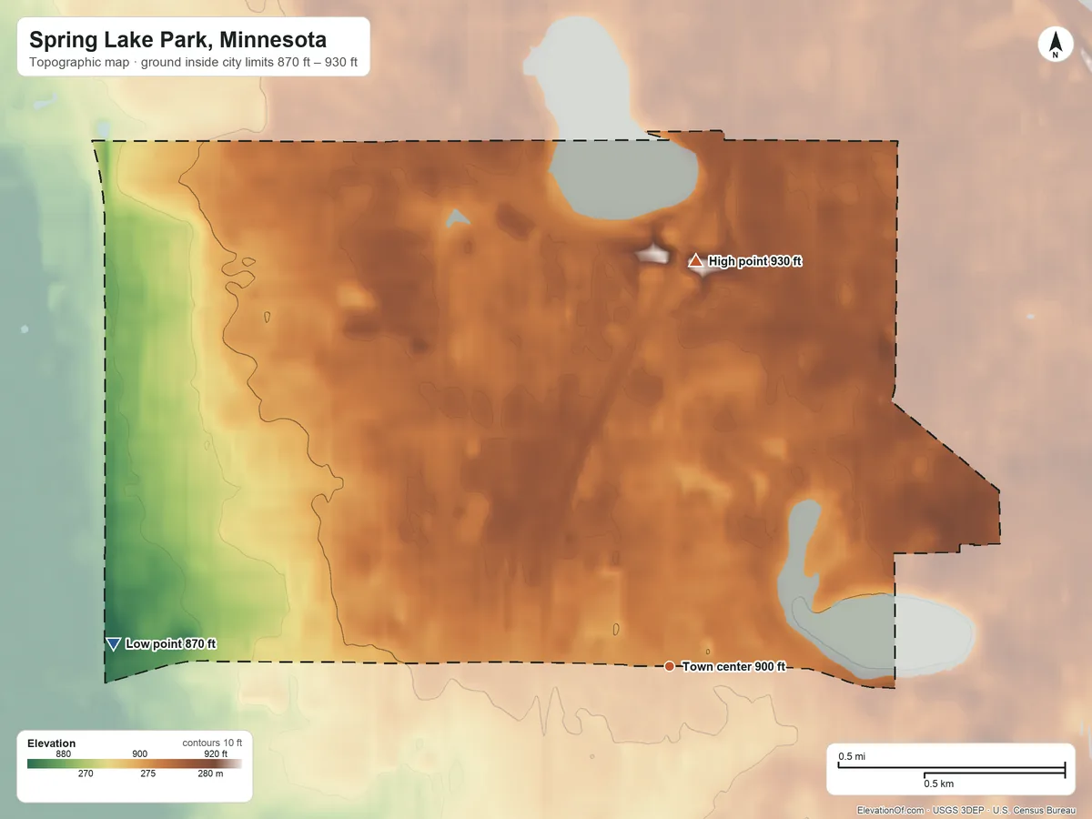 Topographic elevation map of Spring Lake Park, Minnesota, shaded from 870 ft on the west side to 930 ft on the north side