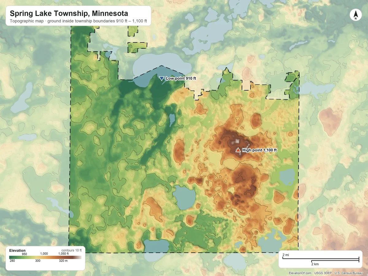 Topographic elevation map of Spring Lake Township, Minnesota, shaded from 910 ft on the north side to 1,100 ft on the east side