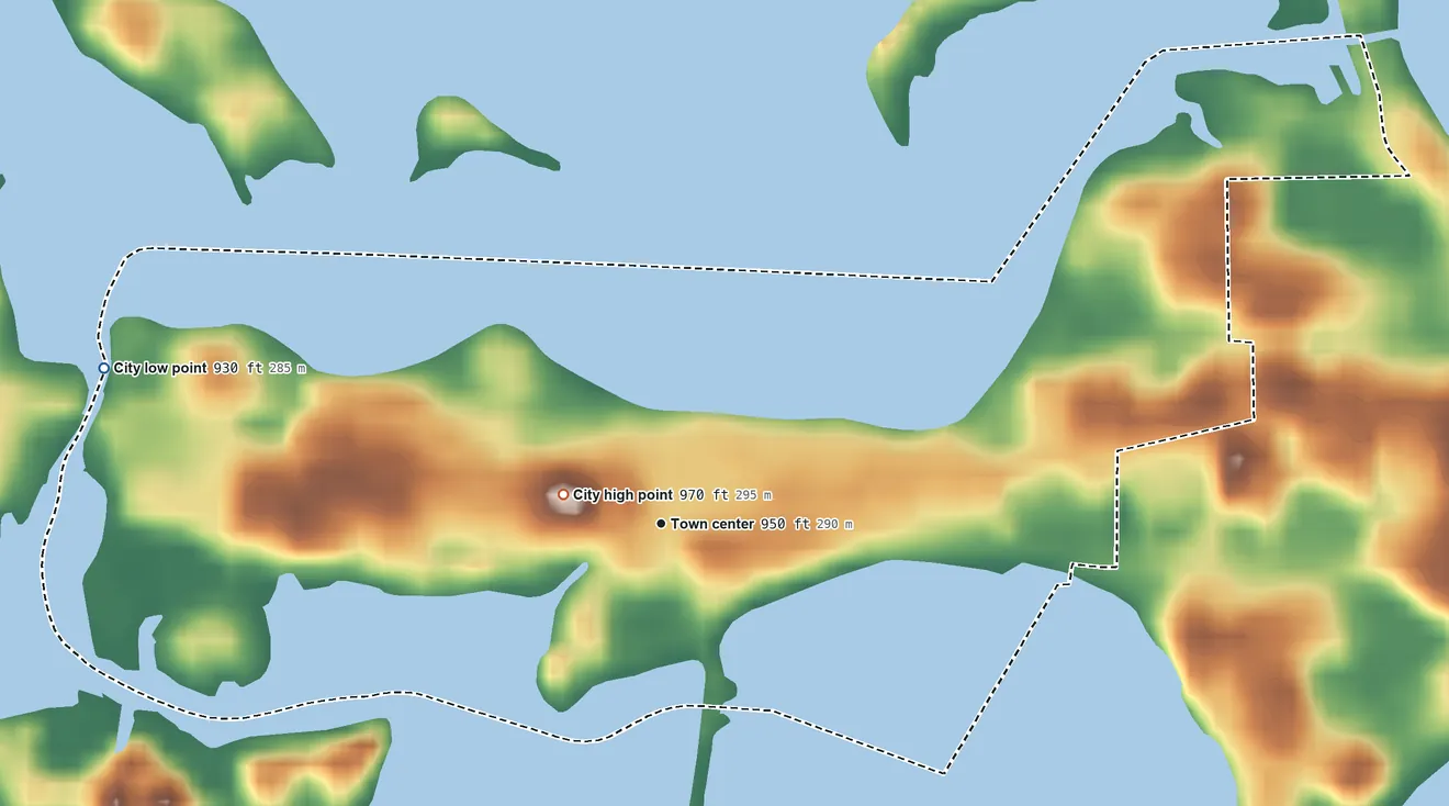 Topographic elevation map of Spring Park, Minnesota, shaded from 930 ft on the west side to 970 ft near the middle