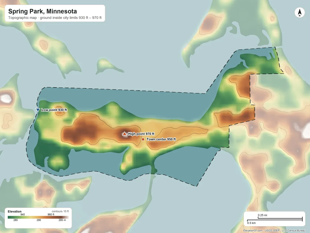 Topographic elevation map of Spring Park, Minnesota, shaded from 930 ft on the west side to 970 ft near the middle