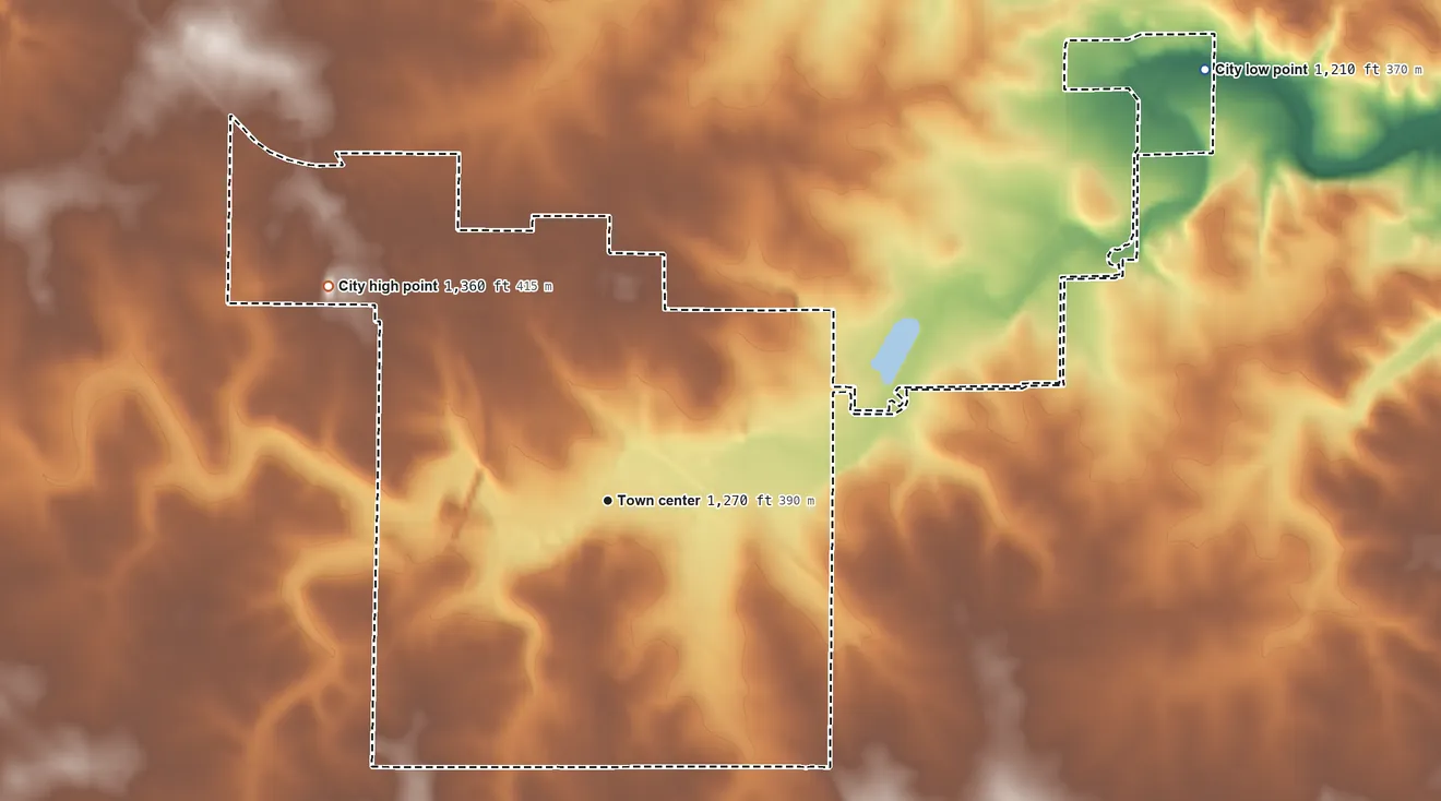 Topographic elevation map of Spring Valley, Minnesota, shaded from 1,210 ft on the northeast side to 1,360 ft on the northwest side