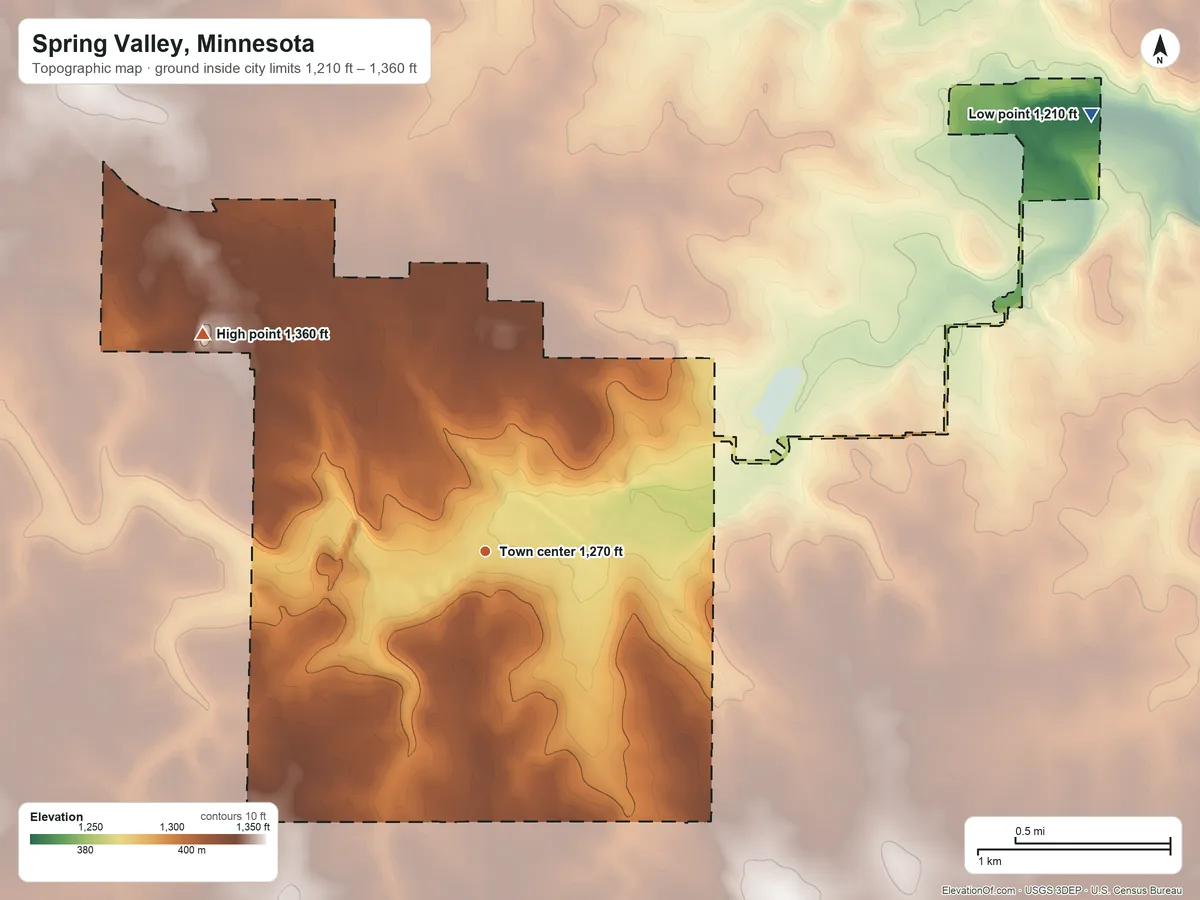 Topographic elevation map of Spring Valley, Minnesota, shaded from 1,210 ft on the northeast side to 1,360 ft on the northwest side