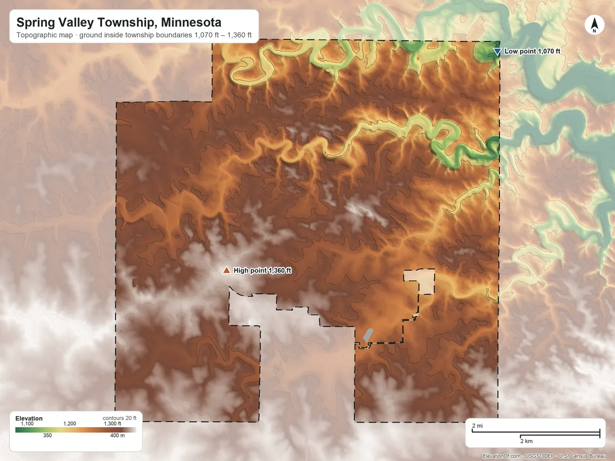 Topographic elevation map of Spring Valley Township, Minnesota, shaded from 1,070 ft on the northeast side to 1,360 ft on the west side