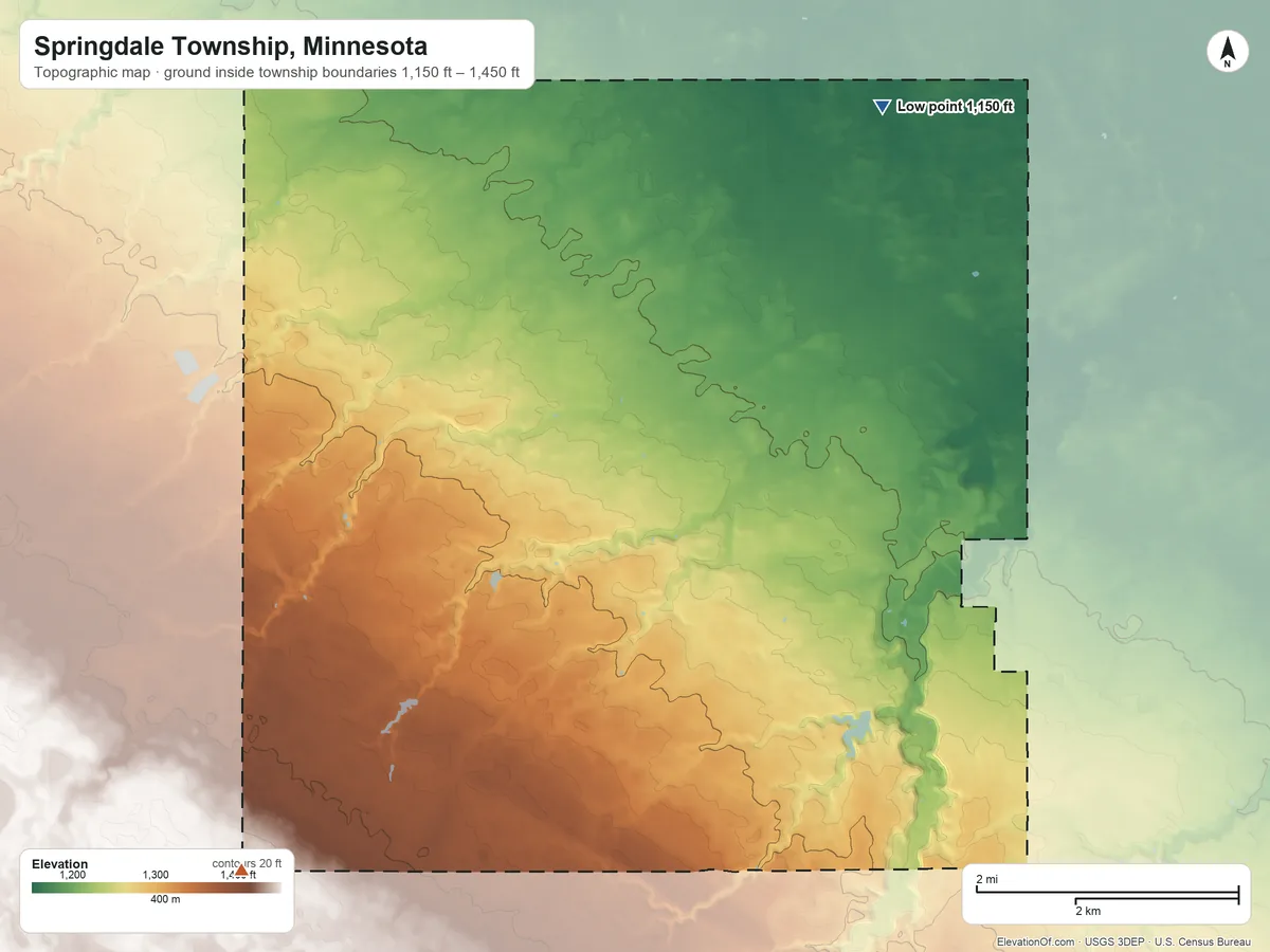 Topographic elevation map of Springdale Township, Minnesota, shaded from 1,150 ft on the northeast side to 1,450 ft on the southwest side