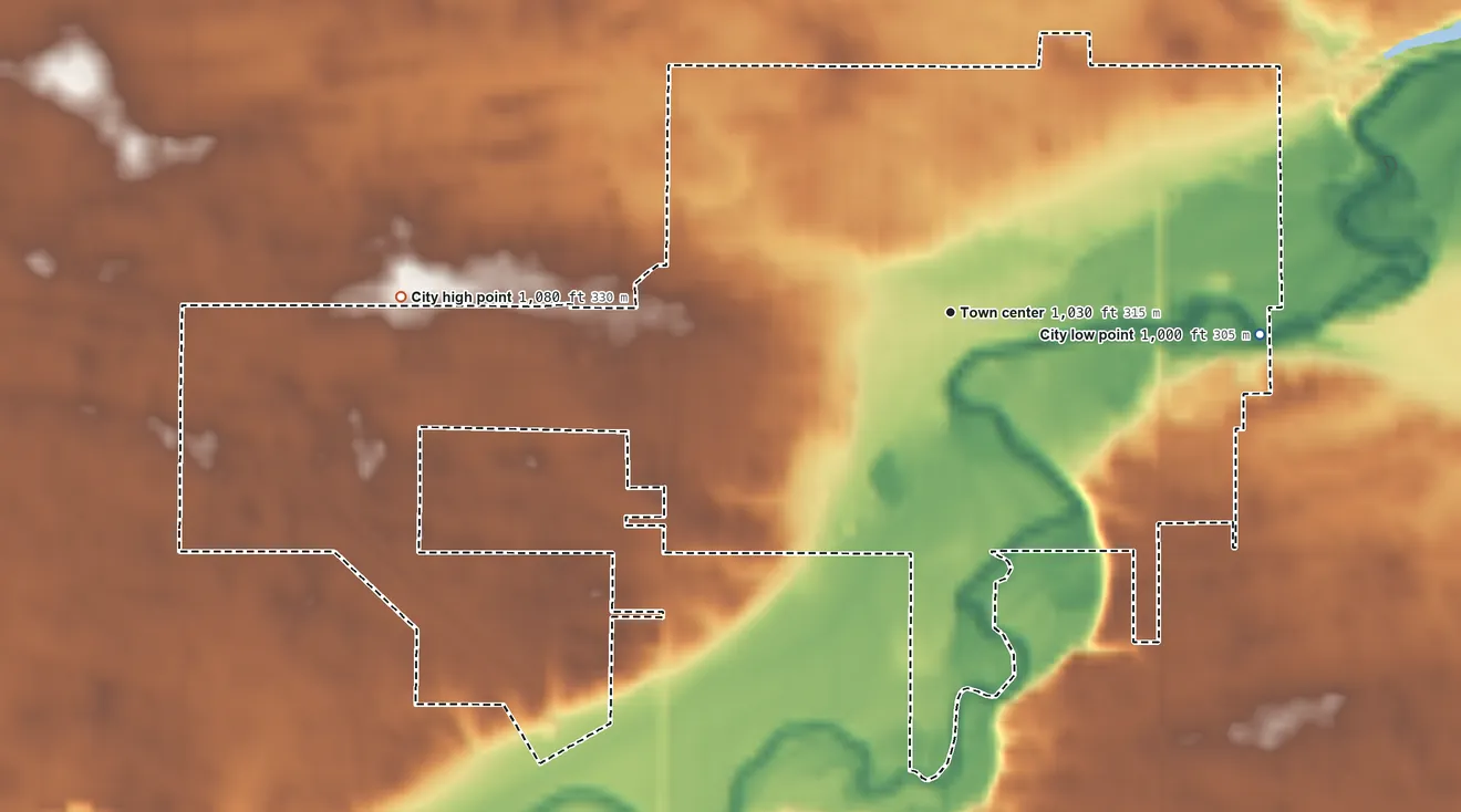 Topographic elevation map of Springfield, Minnesota, shaded from 1,000 ft on the east side to 1,080 ft on the west side