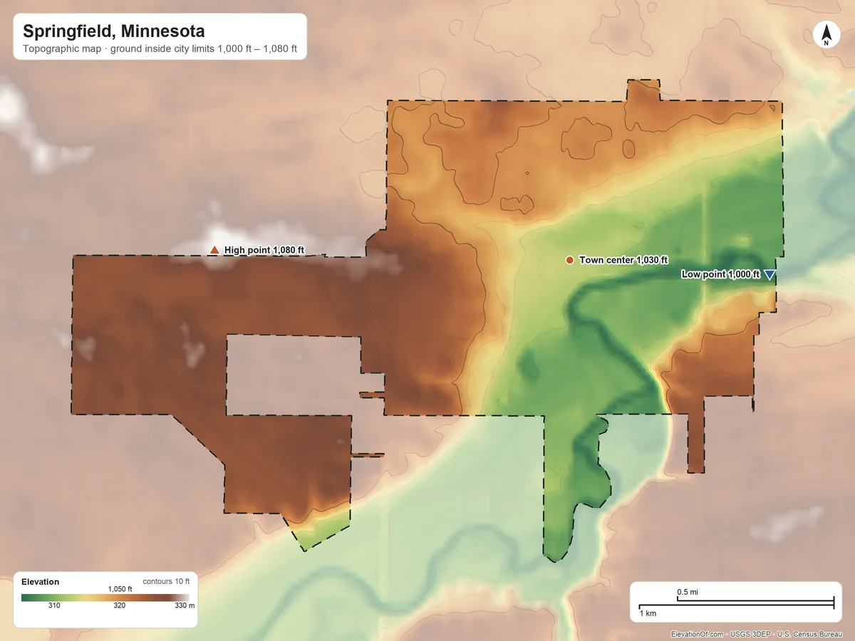 Topographic elevation map of Springfield, Minnesota, shaded from 1,000 ft on the east side to 1,080 ft on the west side