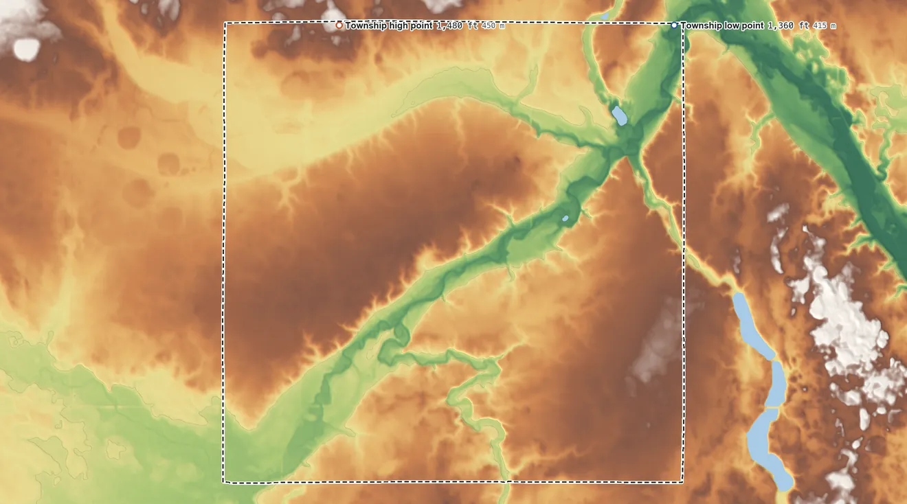 Topographic elevation map of Springfield Township, Minnesota, shaded from 1,360 ft on the northeast side to 1,480 ft on the north side