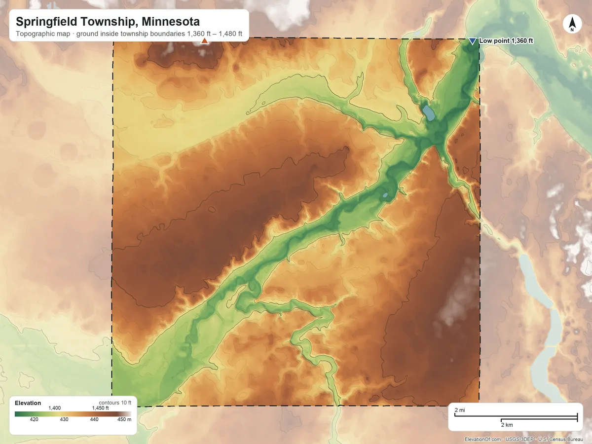 Topographic elevation map of Springfield Township, Minnesota, shaded from 1,360 ft on the northeast side to 1,480 ft on the north side