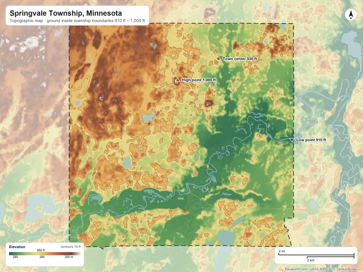 Topographic elevation map of Springvale Township, Minnesota, shaded from 910 ft on the southeast side to 1,000 ft on the southwest side