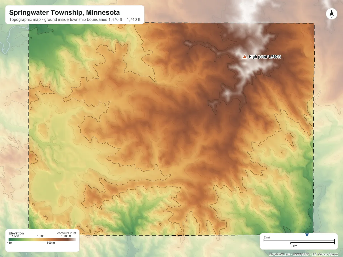 Topographic elevation map of Springwater Township, Minnesota, shaded from 1,470 ft on the southeast side to 1,740 ft on the northeast side