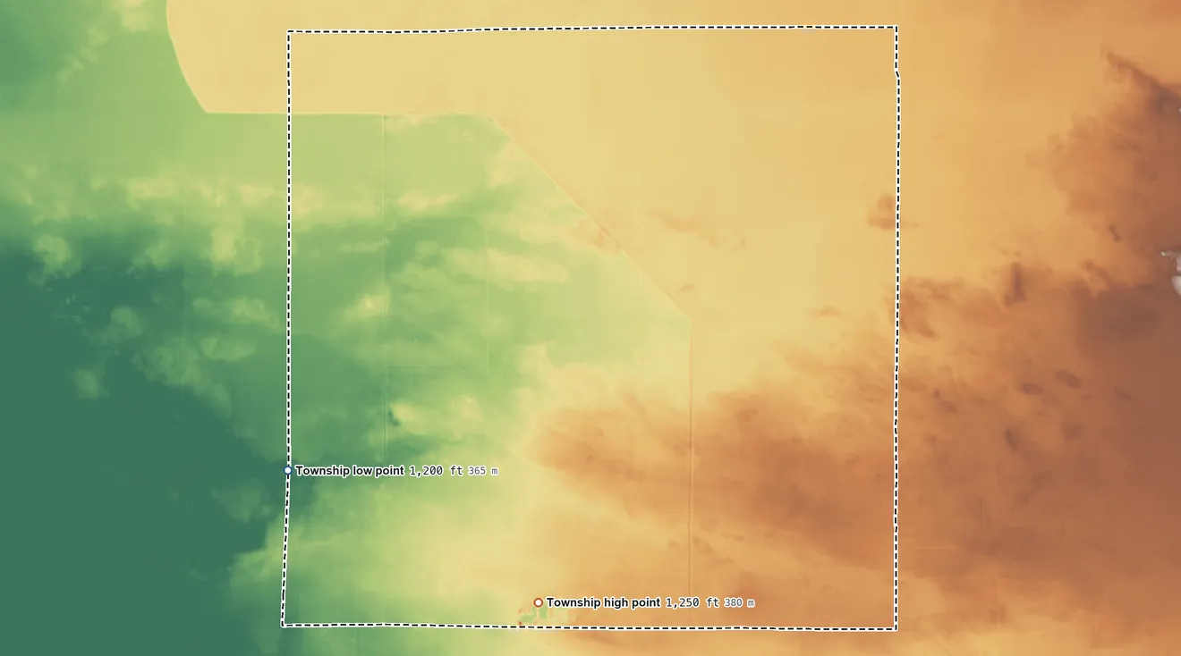 Topographic elevation map of Spruce Grove Township, Beltrami County, Minnesota, shaded from 1,200 ft on the southwest side to 1,250 ft on the south side