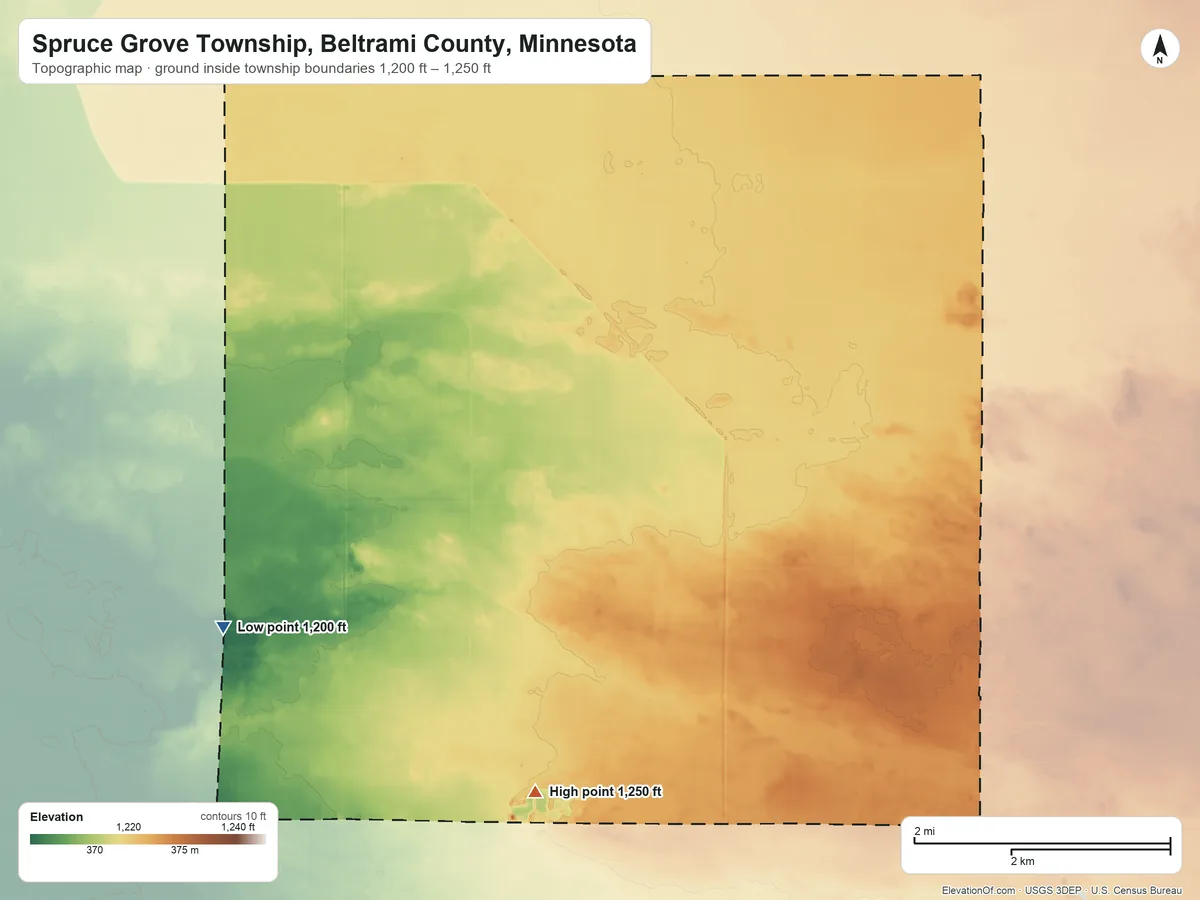 Topographic elevation map of Spruce Grove Township, Beltrami County, Minnesota, shaded from 1,200 ft on the southwest side to 1,250 ft on the south side