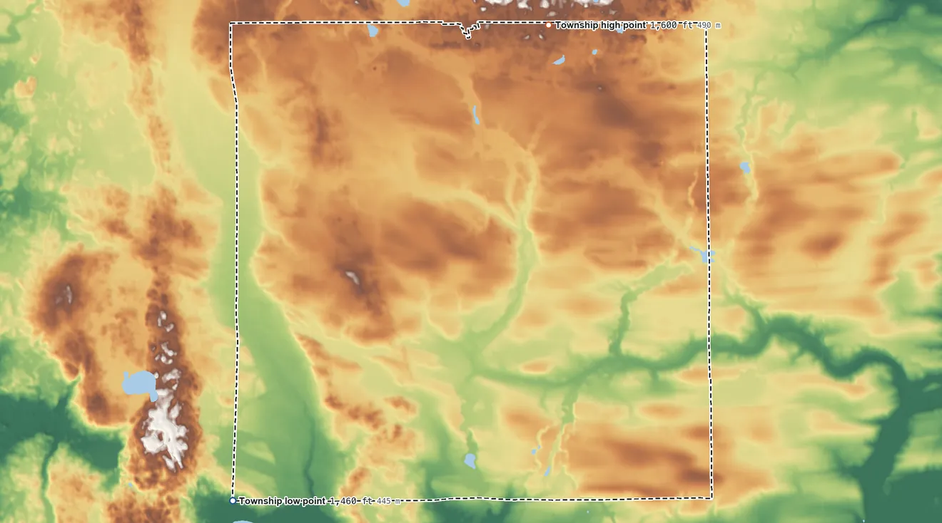 Topographic elevation map of Spruce Grove Township, Minnesota, shaded from 1,460 ft on the southwest side to 1,600 ft on the north side
