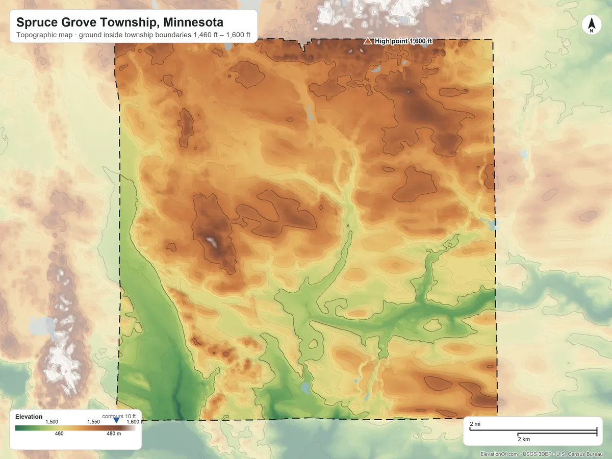 Topographic elevation map of Spruce Grove Township, Minnesota, shaded from 1,460 ft on the southwest side to 1,600 ft on the north side