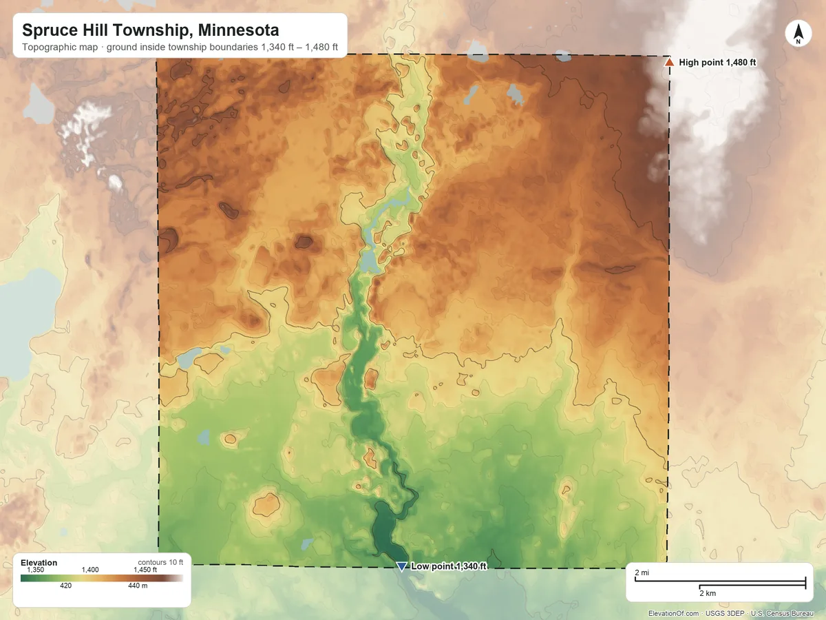 Topographic elevation map of Spruce Hill Township, Minnesota, shaded from 1,340 ft on the south side to 1,480 ft on the northeast side