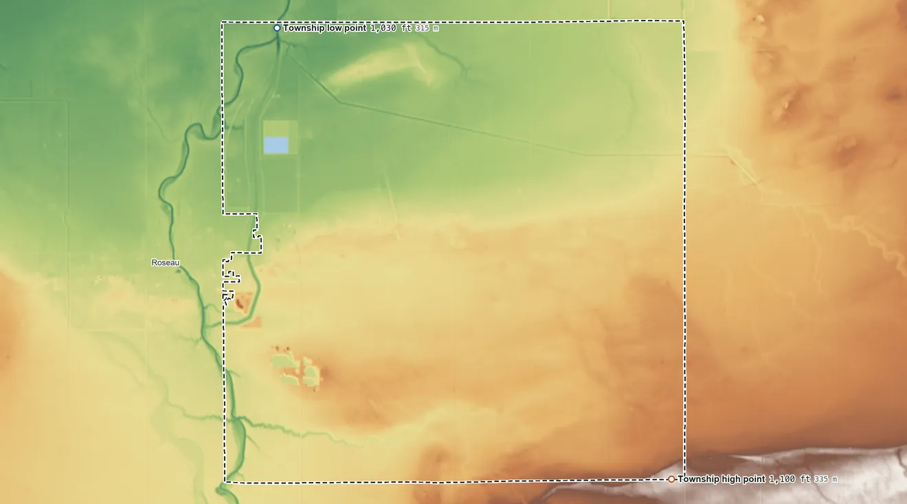 Topographic elevation map of Spruce Township, Minnesota, shaded from 1,030 ft on the northwest side to 1,100 ft on the southeast side