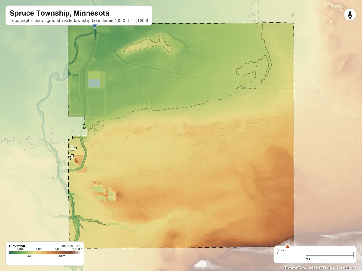 Topographic elevation map of Spruce Township, Minnesota, shaded from 1,030 ft on the northwest side to 1,100 ft on the southeast side