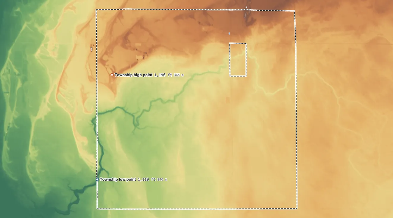 Topographic elevation map of Spruce Valley Township, Minnesota, shaded from 1,110 ft on the southwest side to 1,190 ft on the northwest side