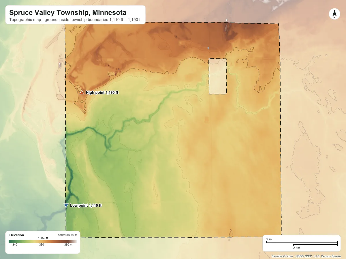 Topographic elevation map of Spruce Valley Township, Minnesota, shaded from 1,110 ft on the southwest side to 1,190 ft on the northwest side