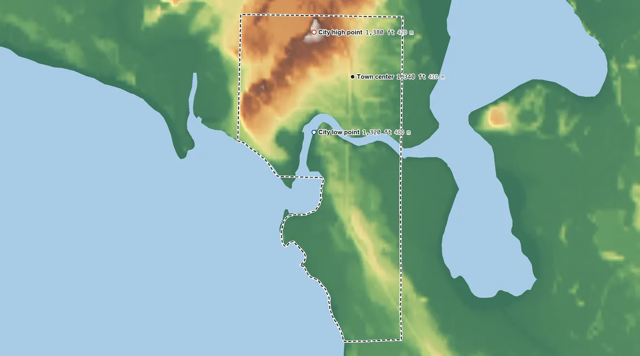 Topographic elevation map of Squaw Lake, Minnesota, shaded from 1,320 ft on the southwest side to 1,380 ft on the northwest side
