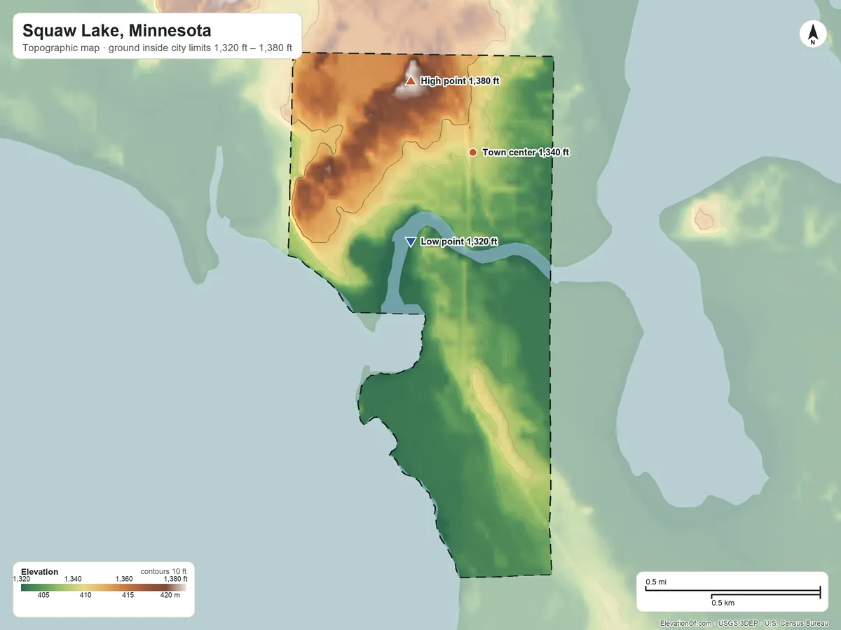 Topographic elevation map of Squaw Lake, Minnesota, shaded from 1,320 ft on the southwest side to 1,380 ft on the northwest side