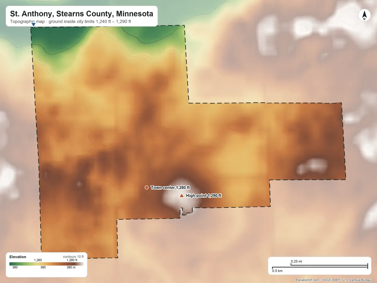 Topographic elevation map of St. Anthony, Stearns County, Minnesota, shaded from 1,240 ft on the northwest side to 1,290 ft near the middle