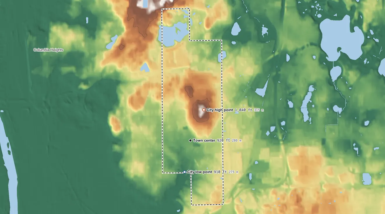 Topographic elevation map of St. Anthony, Minnesota, shaded from 910 ft on the south side to 1,040 ft on the northeast side