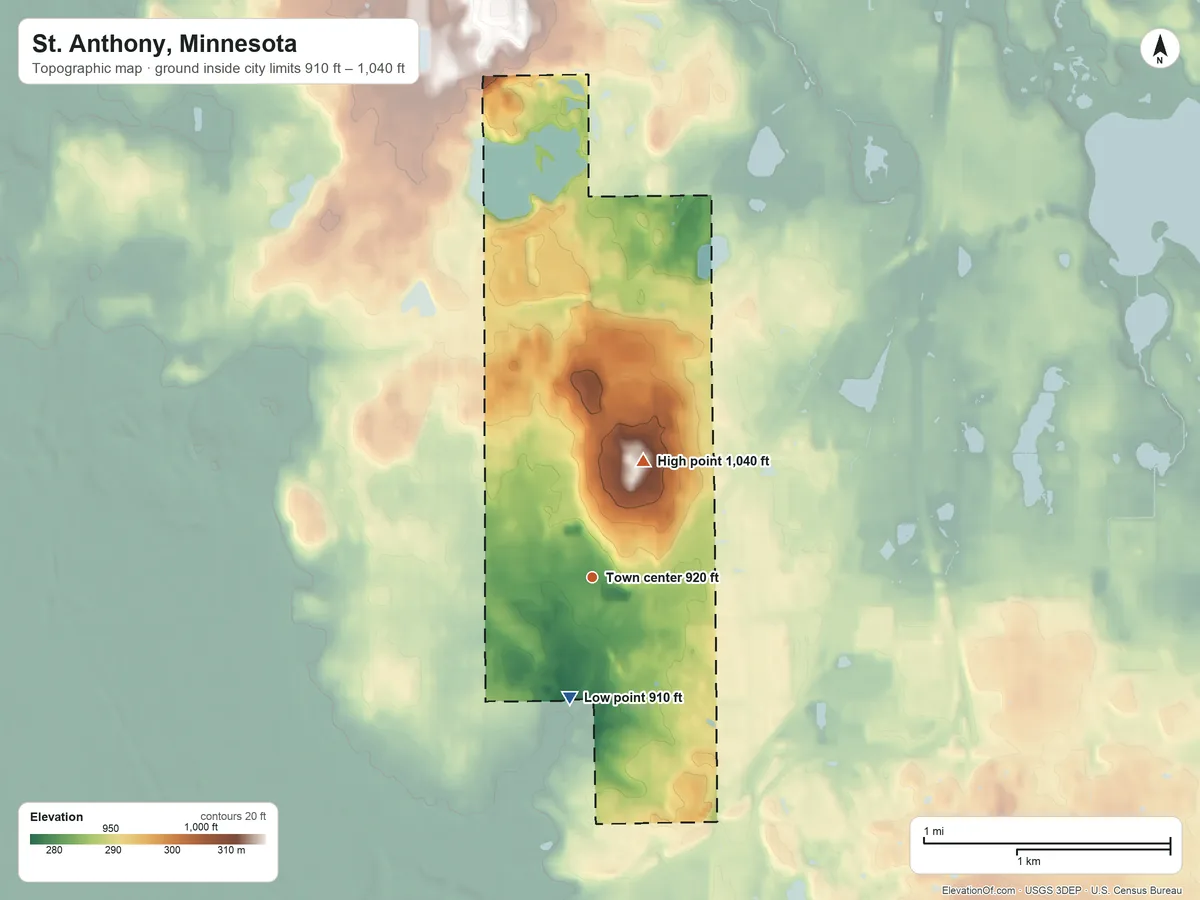 Topographic elevation map of St. Anthony, Minnesota, shaded from 910 ft on the south side to 1,040 ft on the northeast side