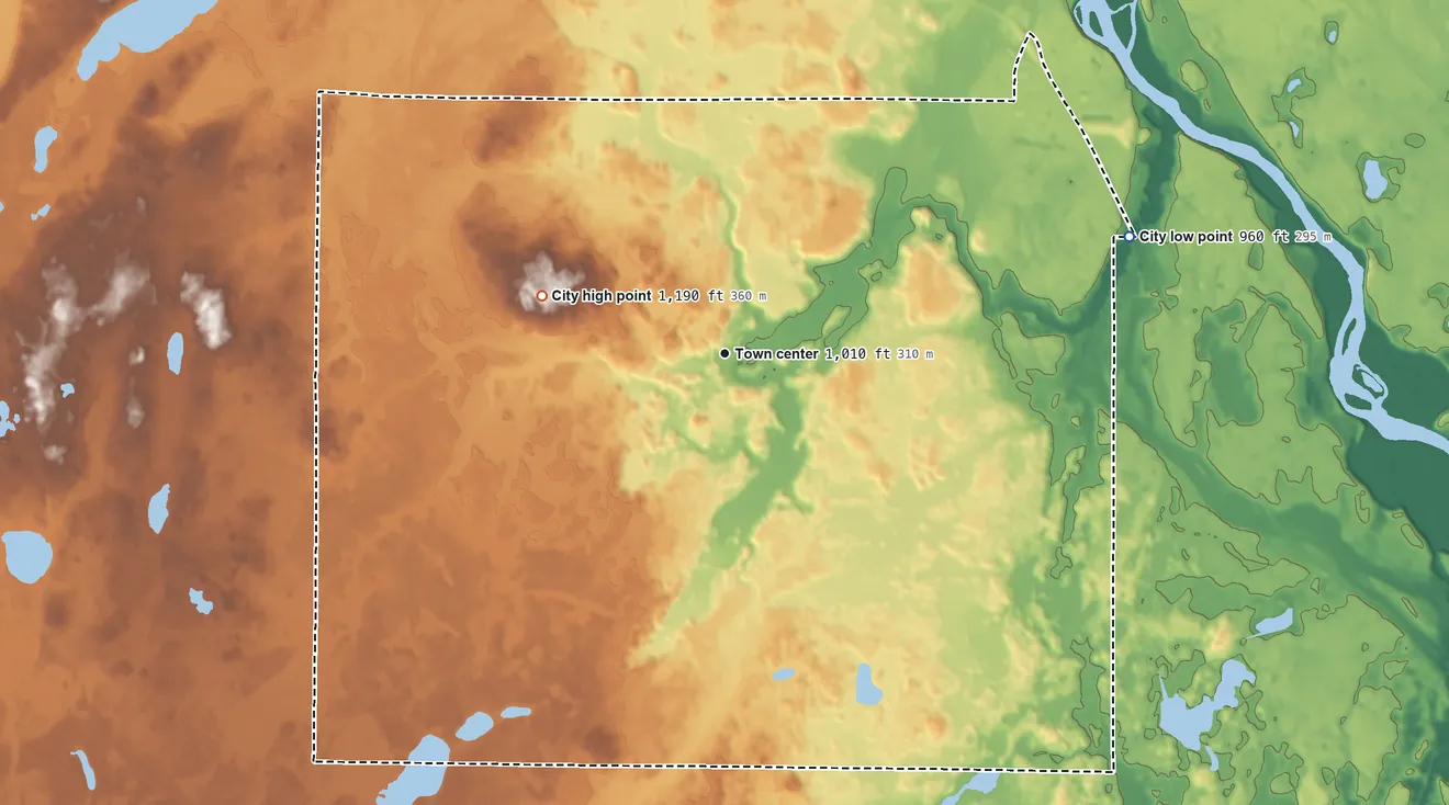 Topographic elevation map of St. Augusta, Minnesota, shaded from 960 ft on the east side to 1,190 ft on the west side