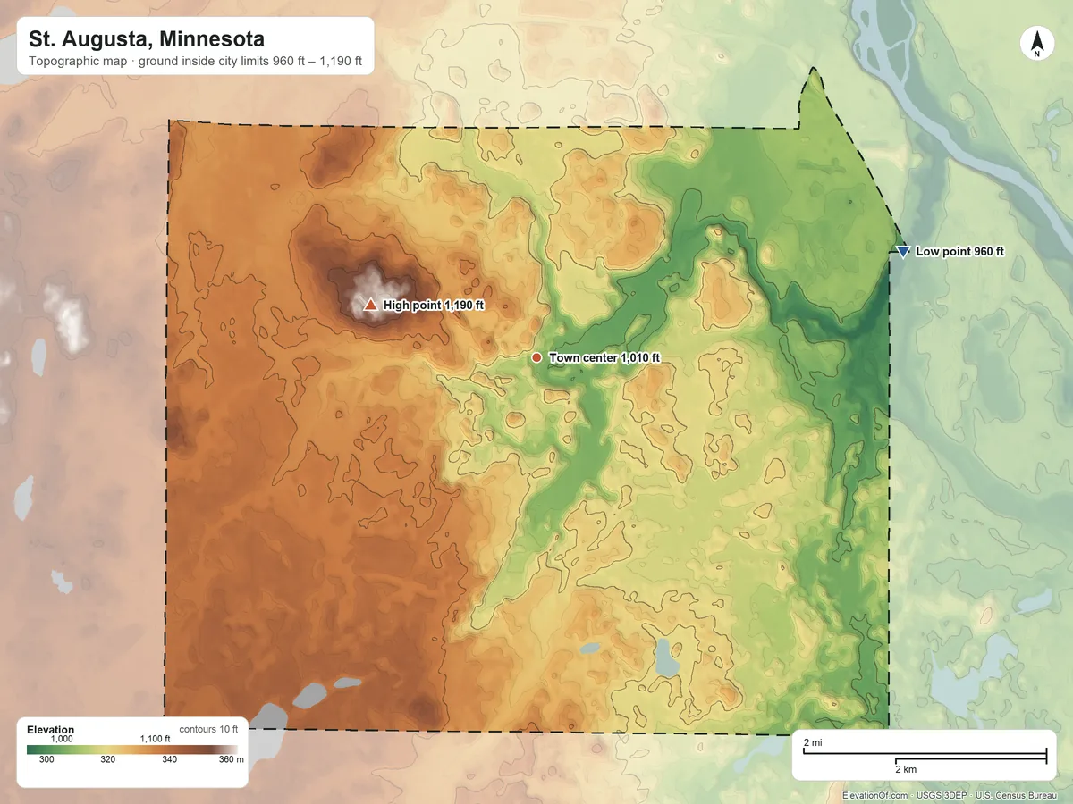 Topographic elevation map of St. Augusta, Minnesota, shaded from 960 ft on the east side to 1,190 ft on the west side