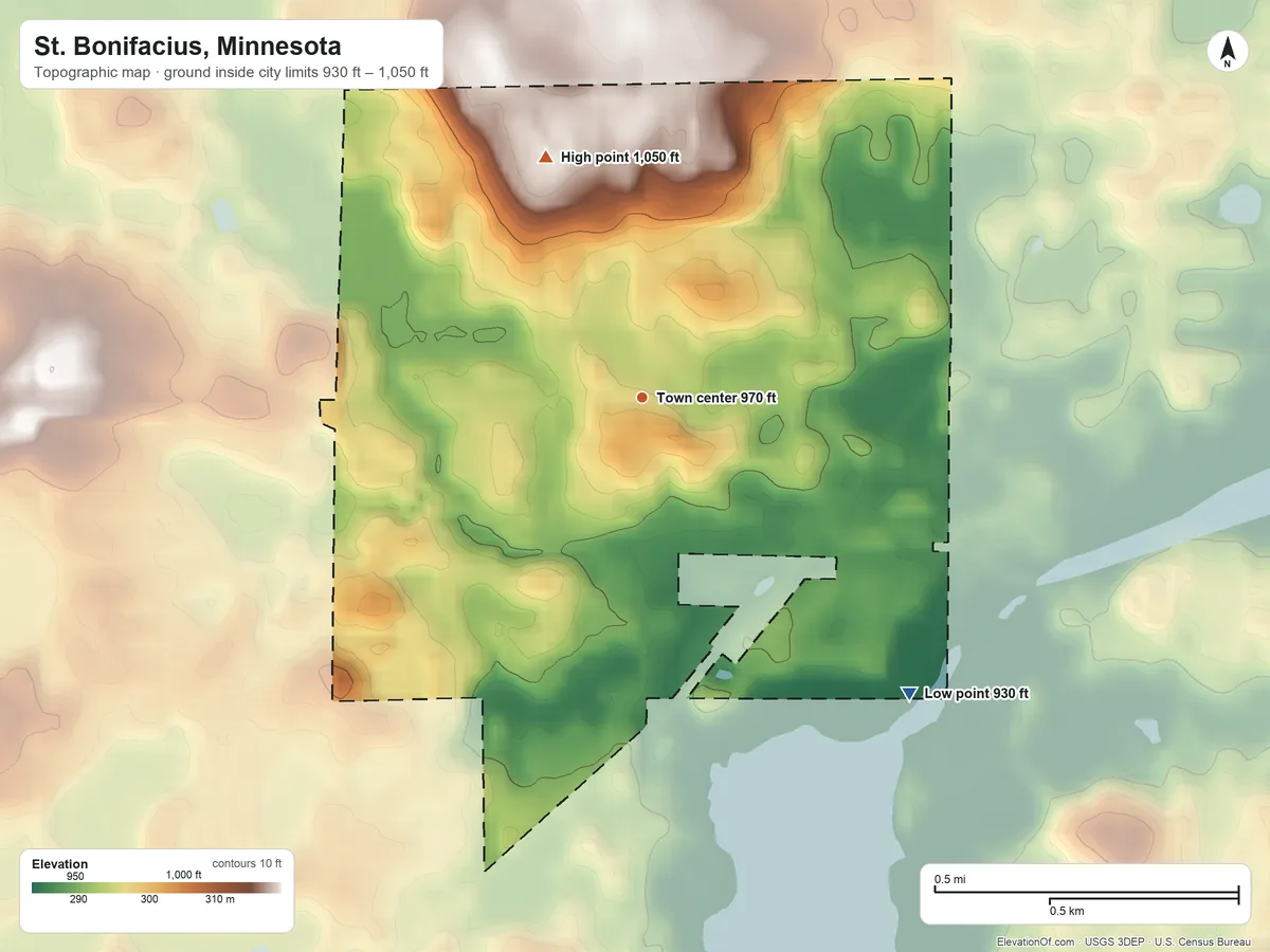 Topographic elevation map of St. Bonifacius, Minnesota, shaded from 930 ft on the southeast side to 1,050 ft on the north side