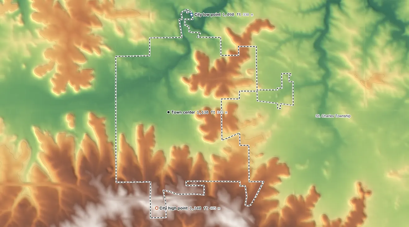 Topographic elevation map of St. Charles, Minnesota, shaded from 1,090 ft on the north side to 1,340 ft on the south side