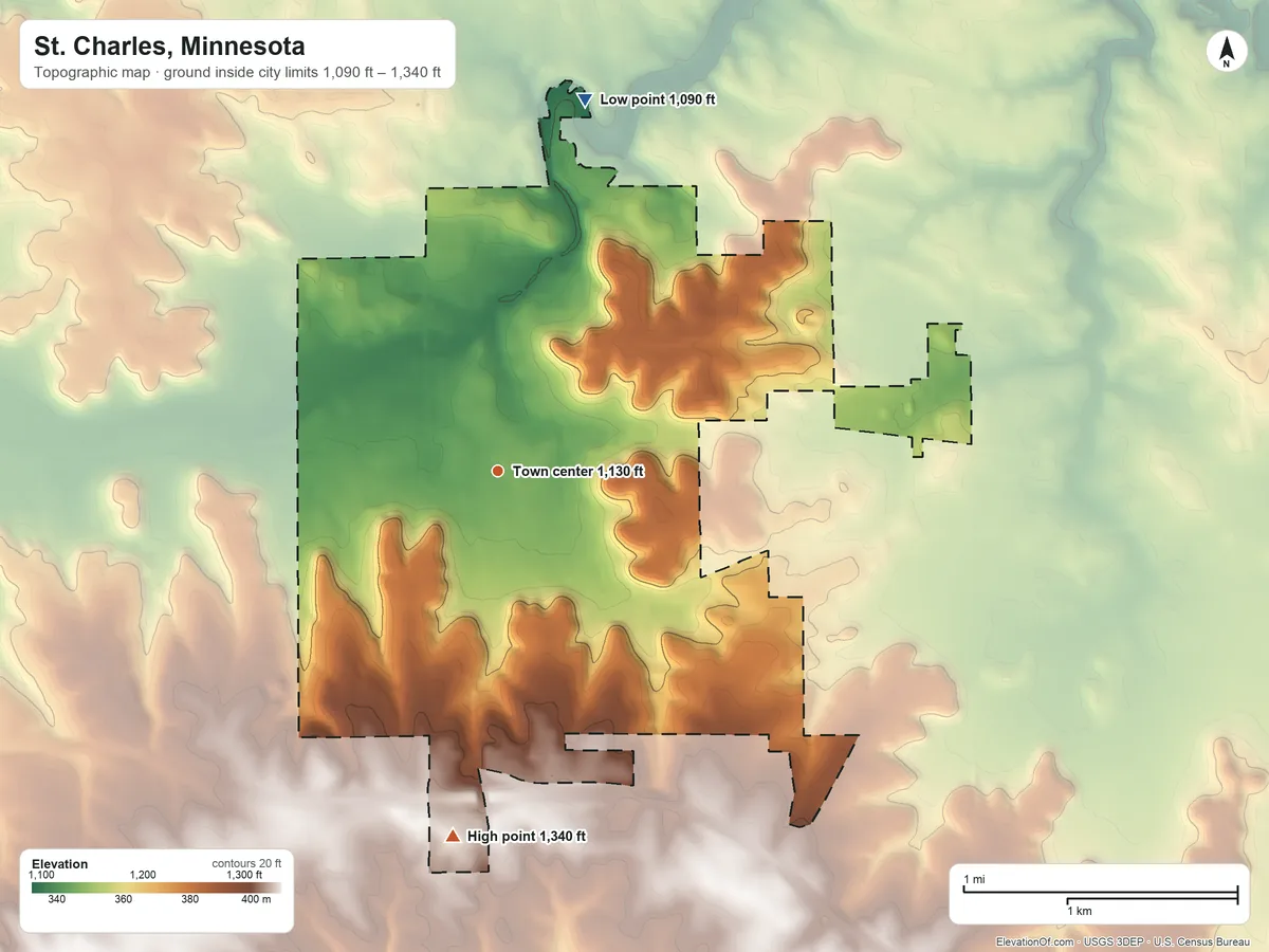 Topographic elevation map of St. Charles, Minnesota, shaded from 1,090 ft on the north side to 1,340 ft on the south side