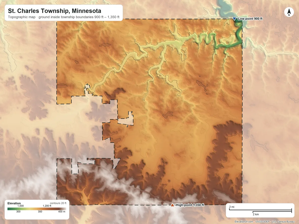 Topographic elevation map of St. Charles Township, Minnesota, shaded from 900 ft on the northeast side to 1,350 ft on the south side